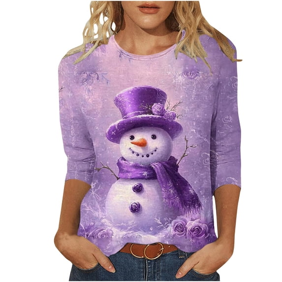 LEBONYARD Ladies' Christmas Printing Round Neck Sweatshirts Casual 3/4 Sleeve Loose Fit Top