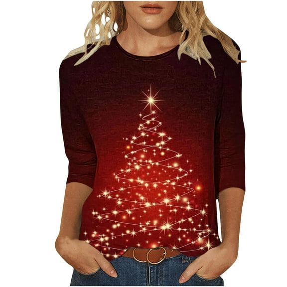 LEBONYARD Ladies' Christmas Printing Round Neck Sweatshirts Casual 3/4 Sleeve Loose Fit Top
