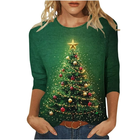 LEBONYARD Ladies' Christmas Printing Round Neck Sweatshirts Casual 3/4 Sleeve Loose Fit Top