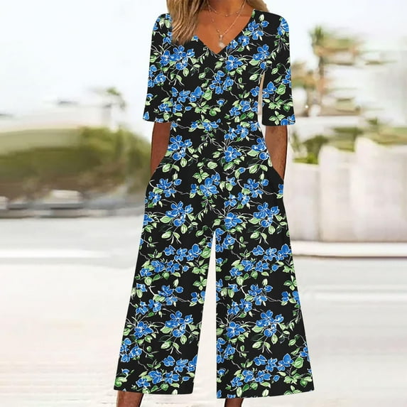 LEBONYARD Ladies Cropped Trousers Ankle Length Spring Style,Women Fashion Summer Floral Print Casual Short Sleeved V-neck Back Zipper Side Pocket Jumpsuit Pants Black L