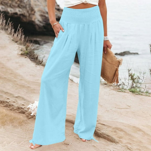 LEBONYARD Ladies Cropped Trousers Ankle Length Spring Style,Women's Loose High Waisted Ankle Tied Drawstring Casual Pants Light Blue S
