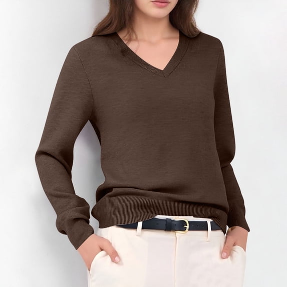 LEBONYARD Women's Fashion V-Neck Solid Colored Long Sleeve Soft Regular Pullover Sweaters Comfortable Warm Fitting Casual Ladies Sweaters