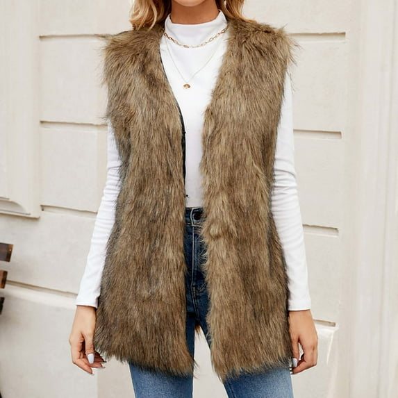 LEBONYARD Lapel Neck Long Sleeve Plus Size Faux Fur Coats,Womens Ladies Warm Faux Furry Long Coat Jacket Winter Solid V-neck Outerwear Brown XL