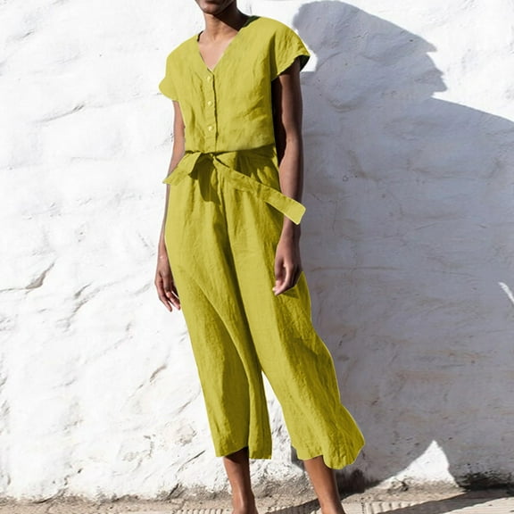 LEBONYARD Light Denim Women's Jumpsuits-Summer Casual Wear,Women's Short Sleeve Loose Overalls Rompers Linen Wide Leg Jumpsuits Yellow S