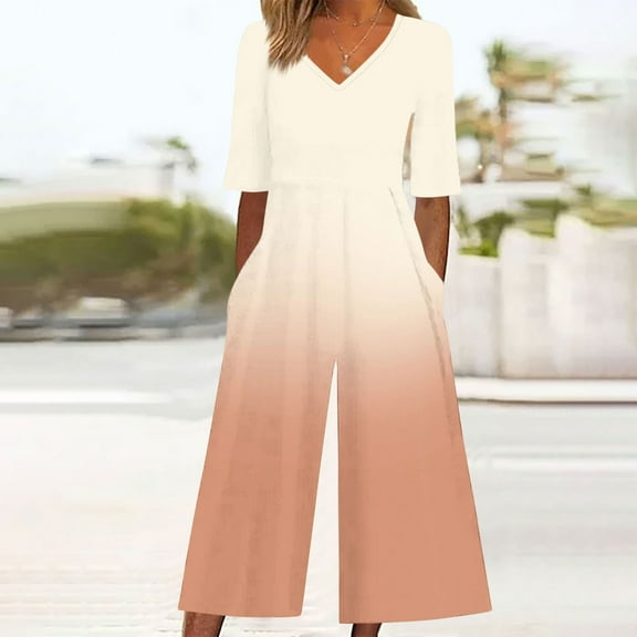 LEBONYARD Lightweight Travel Pants Women Wrinkle Resistant,Women Summer Floral Print Casual Short Sleeved V-neck Back Zipper Side Pocket Jumpsuit Pants Beige XXL