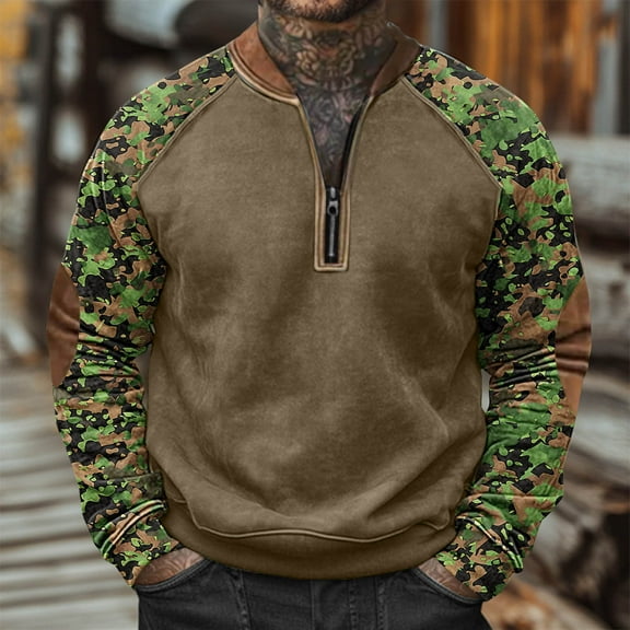 LEBONYARD Long Sleeve Mens Crewneck Sweatshirts,Men's Camouflage Print Half Zipper Long Sleeved Top Long Sleeved Round Neck Top/shirt Camouflage XXL