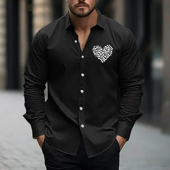 LEBONYARD Long Sleeve Shirts for Men Button,Mens Clothing under $10,Fashionable Men's Casual and Comfortable Long Sleeved Collar Printed Top Shirt Black S