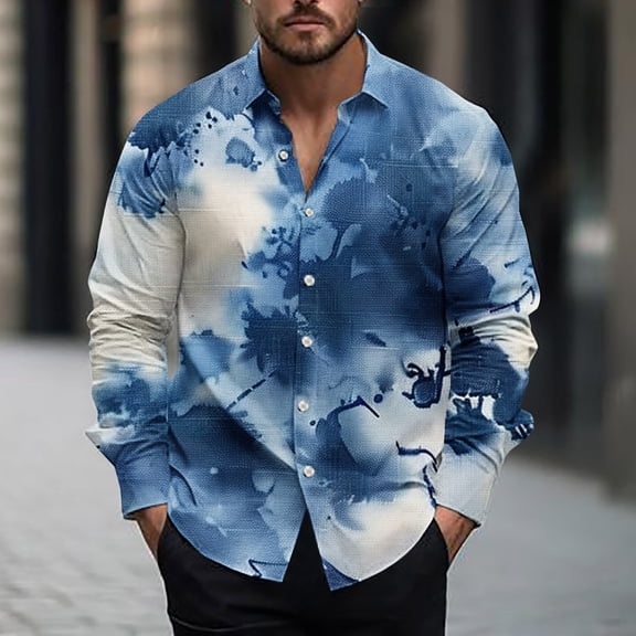 LEBONYARD Long Sleeve Shirts for Men Button,Mens Clothing under $10,Men's Fashionable Camouflage Print Casual Long Sleeve Turndown Collar Blouse Shirt Blue M