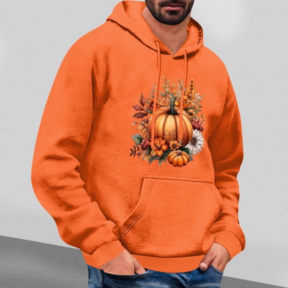 LEBONYARD Long Sleeve Shirts for Men Button,Mens Sweatshirts,Men's Thanksgiving Printed Pocket Drawstring Casual Hooded Sweatshirt Long Sleeved Top Orange XL