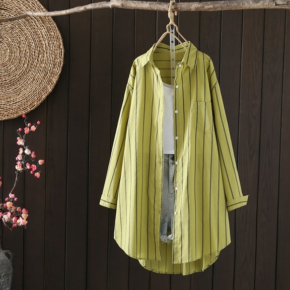 LEBONYARD Long Sleeve Tops for Women,Ladies Fashion Color Stripe Long Sleeve Cotton Casual Loose Shirt Coat Green XXXL