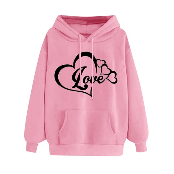LEBONYARD Long Sleeve Womens Tops,Womens Fall Tops Long Sleeve Tops Plus Clearance Clearance,Women's Comfortable Sweater Heart Pattern Printed Women's Hooded Pocket Drawstring Sweater Pink XL