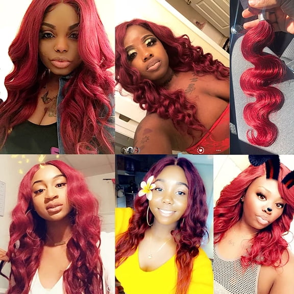 LEBONYARD Matte Wavy Hair Weft Extensions Heat Resistant Synthetic Red Wine Hair Bundles 20" 75g