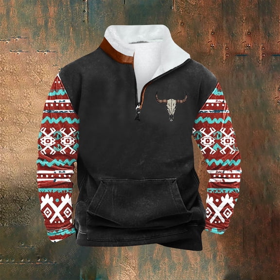 LEBONYARD Men's & Big Men's Lightweight Pullover Shirt Hoodie,Men Casual Hoodie Retro Ethnic Printed Stand-up Neck Zipper Long Sleeve Tops Wshirts Black M