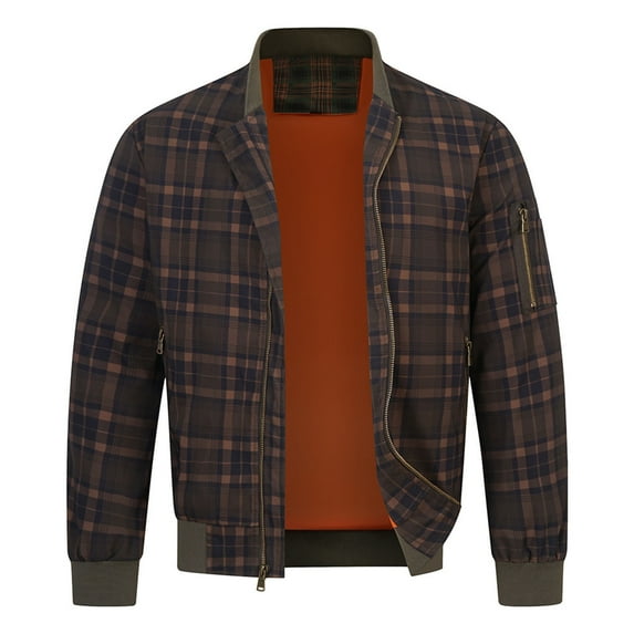 LEBONYARD Men's & Big Men's Zip-Front Flannel Shirt Jacket,Men's Checkered Print Design Zipper Pocket Sports Long Sleeved Hooded Casual Jacket Brown S