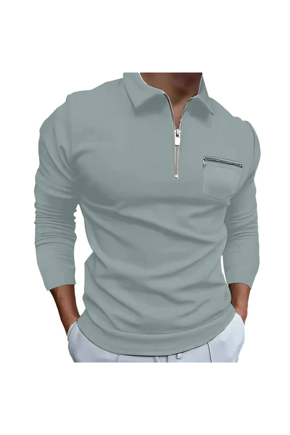 Men's Clearance under $10,Tops for Men 2024,Men Solid Color Pocket Long Sleeves Flip Collar Fashion Golf Shirt Tops Gray XL