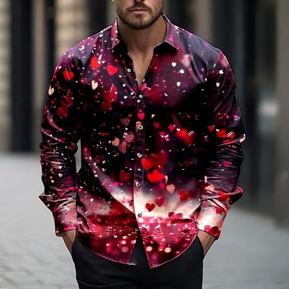 LEBONYARD Men's Cotton Crewneck Tee with Long Sleeves,Men's Fashionable Valentine's Day Heart-shaped Print Casual Long Sleeve Turndown Collar Blouse Shirt Red XXL