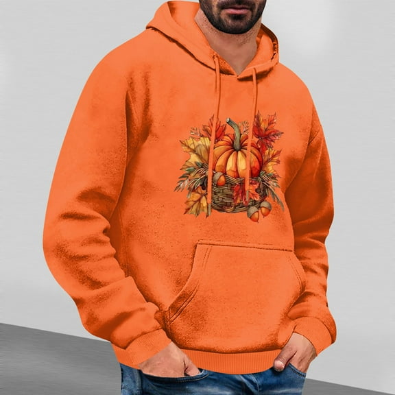 LEBONYARD Men's Cotton Crewneck Tee with Long Sleeves,Mens Sweatshirts and Hoodies,Men's Thanksgiving Printed Pocket Drawstring Casual Hooded Sweatshirt Long Sleeved Top Orange XL