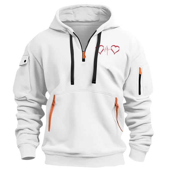 LEBONYARD Men's Crewneck Tee with Long Sleeves,Fashionable Men's Printed Hooded Sweatshirt with Zipper and Multiple Pockets Pullover Sweatshirt White S