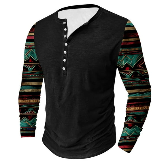 LEBONYARD Men's Crewneck Tee with Long Sleeves,Men's Fashion Casual Ethnic Style Printed Long Sleeve Crewneck Top/shirt Black S
