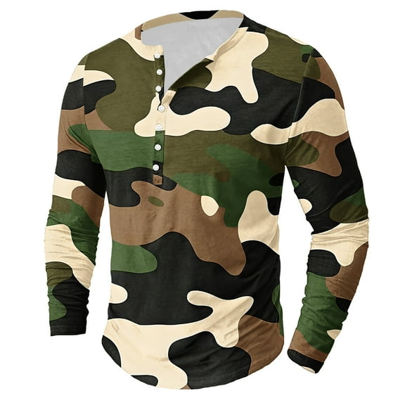LEBONYARD Men's Essentials Long Sleeve Crew Tee,Men's Camouflage Printing Button Casual Long Sleeve Round-Neck Blouses Shirts Camouflage M