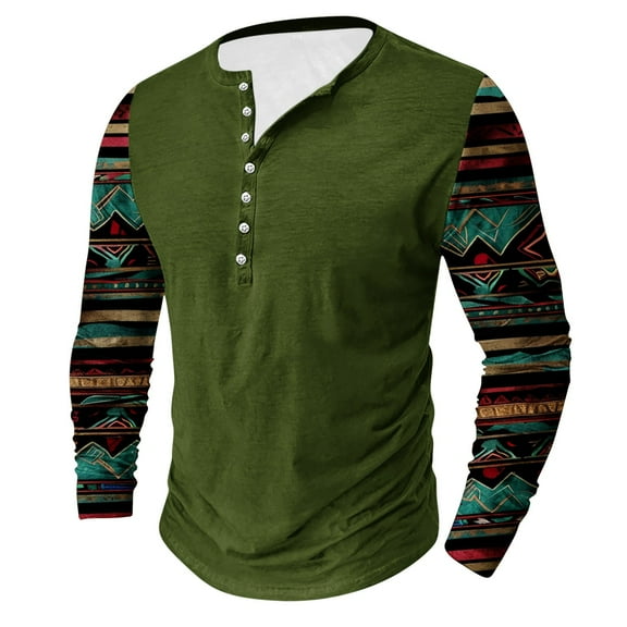LEBONYARD Men's Essentials Long Sleeve Crew Tee,Men's Fashion Casual Ethnic Style Printed Long Sleeve Crewneck Top/shirt Green S
