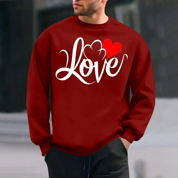 LEBONYARD Men's Essentials Long Sleeve Crew Tee,Men's Valentine's Day Printed Casual Long Sleeved Round Neck Base Hoodie Red L