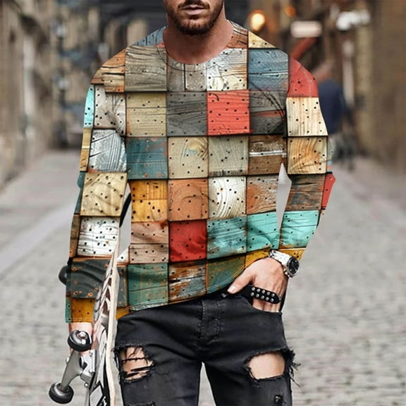 LEBONYARD Men's Essentials Long Sleeve Crew Tee,Mens Clothing under $5.00 Adult,Fashionable Men's Printed Top with Long Sleeved Round Neck and Smiling Face Printed Top/shirt Multicolor S