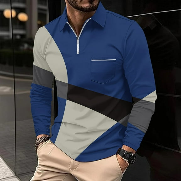 LEBONYARD Men's Essentials Long Sleeve Crew Tee,Mens Clothing under $5.00 Adult,Men's Casual Printed Zipper T-shirt Shirt Long Sleeved Lapel Top Blue XXXL