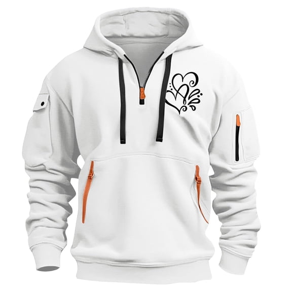 LEBONYARD Men's Heavy Cotton Long Sleeve T-Shirt,Fashionable Men's Printed Hooded Sweatshirt with Zipper and Multiple Pockets Pullover Sweatshirt White M