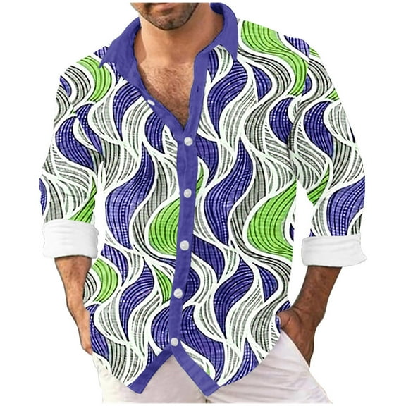 LEBONYARD Men's Heavy Cotton Long Sleeve T-Shirt,Henley Sweatshirts for Men,Men's Digital Printed Shirt Slub Wave Printed Lapel Long Sleeve Shirt Blue M