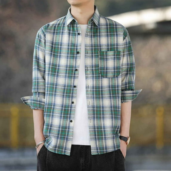LEBONYARD Men's Long Sleeve Button-down Shirt,Men Casual Printing Pocket Long Sleeve Turndown Collar Blouse Shirt Green M