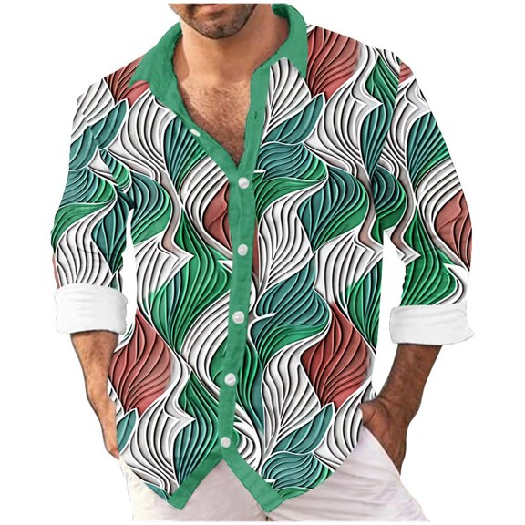 LEBONYARD Men's Long Sleeve Crew Tee,Men's & Big Men's Lightweight Pullover Shirt Hoodie,Men's Digital Printed Shirt Slub Wave Printed Lapel Long Sleeve Shirt Mint Green XXXL