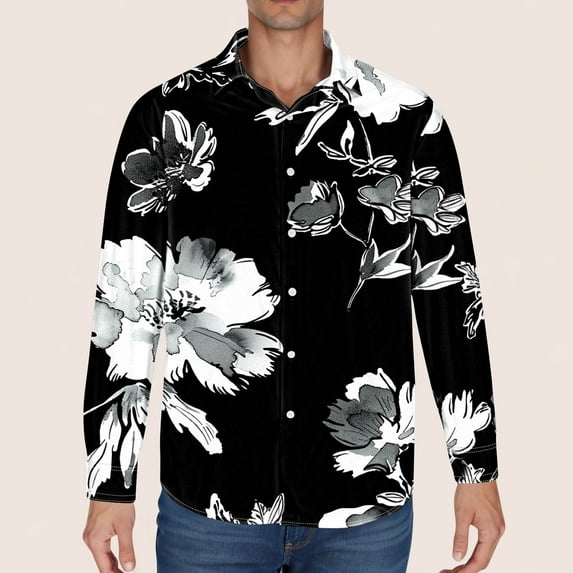 LEBONYARD Men's Long Sleeve Crew Tee,Mens Clothing Clearance,Men's Printed Long Sleeved Button Up Lapel Top Black XXXL