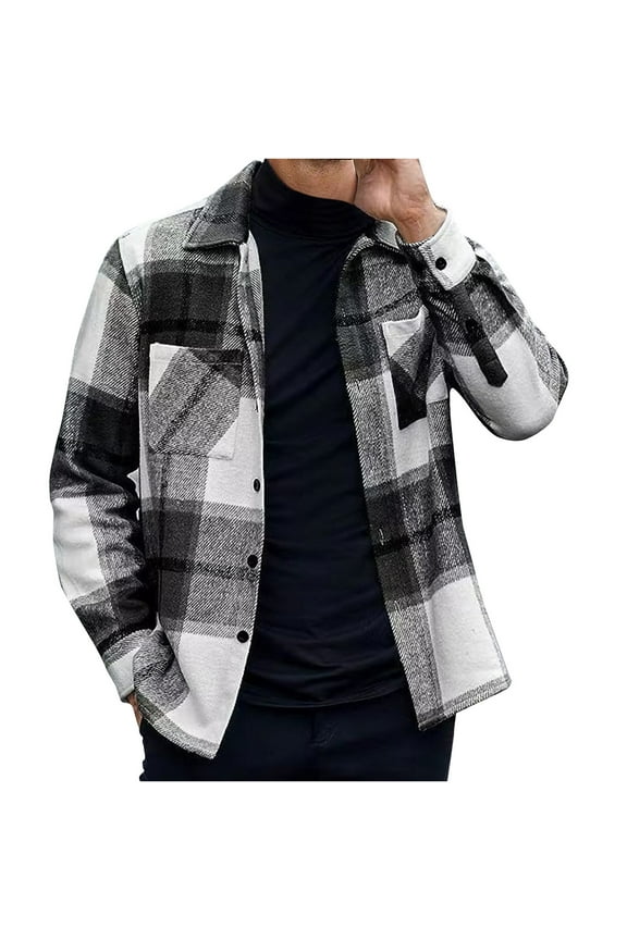 Men's Outerwear Jackets & Coats Sales Clearance,Men's Casual Personality Checkered Printing Button Lapel Fashion Long Sleeve Cardigan Shirt. Black S