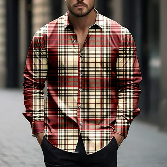 LEBONYARD Men's Outerwear Jackets & Coats Sales Clearance,Mens Shirt Jackets with Pockets,Men's Fashionable Check Print Casual Long Sleeve Turndown Collar Blouse Shirt Red M