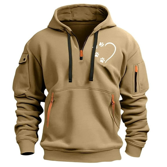 LEBONYARD Men's Pullover Graphic Print Hoodie,Fashionable Men's Printed Hooded Sweatshirt with Zipper and Multiple Pockets Pullover Sweatshirt Khaki S