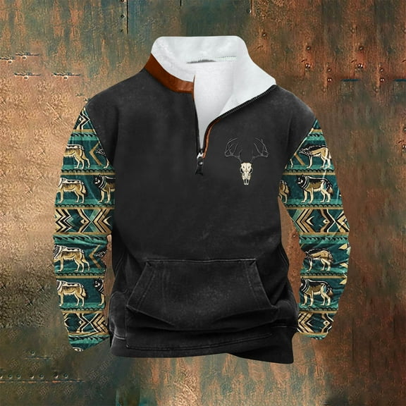 LEBONYARD Men's Pullover Graphic Print Hoodie,Men Casual Hoodie Retro Ethnic Printed Stand-up Neck Zipper Long Sleeve Tops Wshirts Black XXXXXL