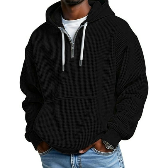 LEBONYARD Men's Trendy Plus Size Half Zipper Drawstring Hooded Solid Color Long Sleeve Warm Loose Fit Pullover Casual Large Pockets Sports Sweatshirts