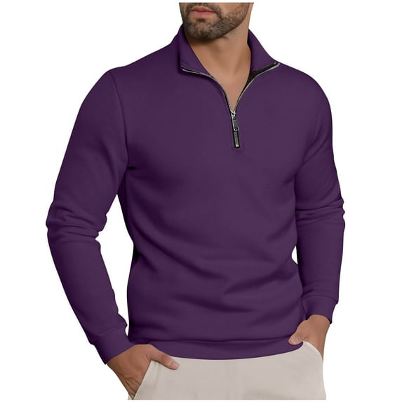 LEBONYARD Men's Trendy Plus Size Half Zipper Stand Up Collar Solid Colored Long Sleeve Loose Fitting Regular Pullover Casual Warm Tops