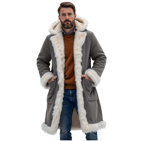 LEBONYARD Men's Trendy Plush Hooded Cuff Solid Colored Long Sleeve Long Length Oversized Loose Warm Fitting Winter Large Pocket Outerwear Coat