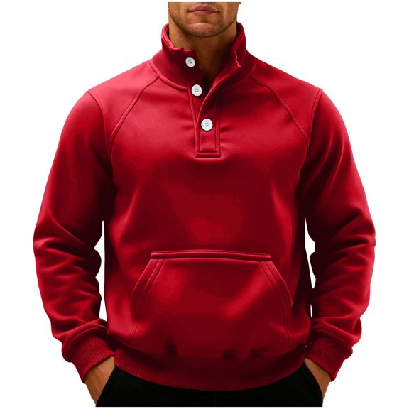 LEBONYARD Men's Trendy Turtleneck Hoodless Half Button Solid Colored Long Sleeve Adding Fleece Loose Warm Fitting Pockets Pullover Sweatshirts