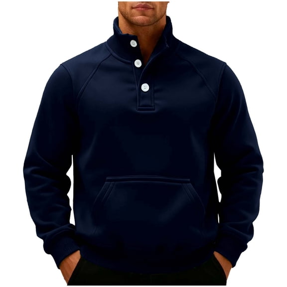 LEBONYARD Men's Trendy Turtleneck Hoodless Half Button Solid Colored Long Sleeve Adding Fleece Loose Warm Fitting Pockets Pullover Sweatshirts