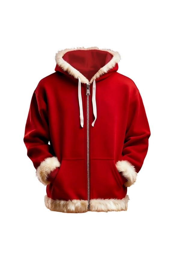 Men's Trendy Zipper Drawstring Plush Hooded Cuff Chic Christmas Colorblock Long Sleeve Loose Warm Fit Composite Flannel Outerwear Jacket