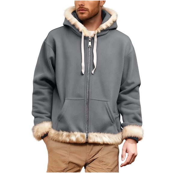 LEBONYARD Men's Trendy Zipper Drawstring Plush Hooded Cuff Chic Christmas Colorblock Long Sleeve Loose Warm Fit Composite Flannel Outerwear Jacket