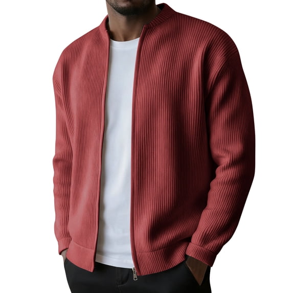 LEBONYARD Men's Trendy Zipper Hoodless Chic Groove Striped Solid Colored Long Sleeve Comfy Casual Loose Fitting Outerwear Zipper Cardign Sweatshirts