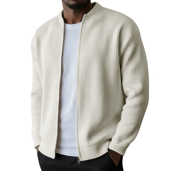 LEBONYARD Men's Trendy Zipper Hoodless Chic Groove Striped Solid Colored Long Sleeve Comfy Casual Loose Fitting Outerwear Zipper Cardign Sweatshirts