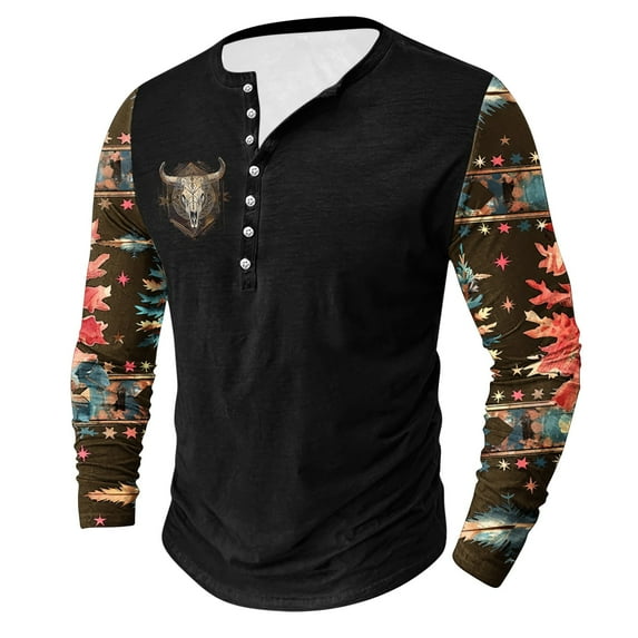 LEBONYARD Mens Clothing Clearance,Men's Fashion Casual Ethnic Style Printed Long Sleeve Crewneck Top/shirt Black L
