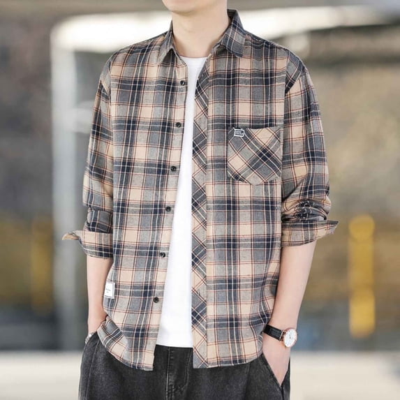 LEBONYARD Mens Coats Outerwear Winter,Flannel Plaid Shirt Jacket for Men,Men Casual Printing Pocket Long Sleeve Turndown Collar Blouse Shirt Black XXXL