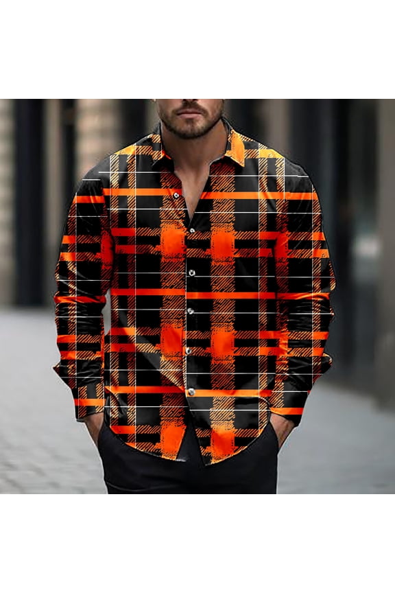 Mens Coats and Jackets Clearance,Men's Fashionable Check Print Casual Long Sleeve Turndown Collar Blouse Shirt Orange S