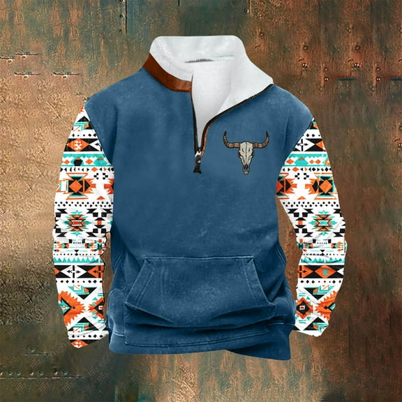 LEBONYARD Mens Henley Long Sleeve T-Shirt Cotton,Mens Clothing,Men Casual Hoodie Retro Ethnic Printed Stand-up Neck Zipper Long Sleeve Tops Wshirts Blue S
